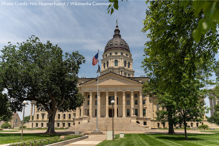 The Kansas State Capitol building in Topeka, with a prominent central dome, American flag, stone columns, and trees framing the front lawn under a partly cloudy sky.