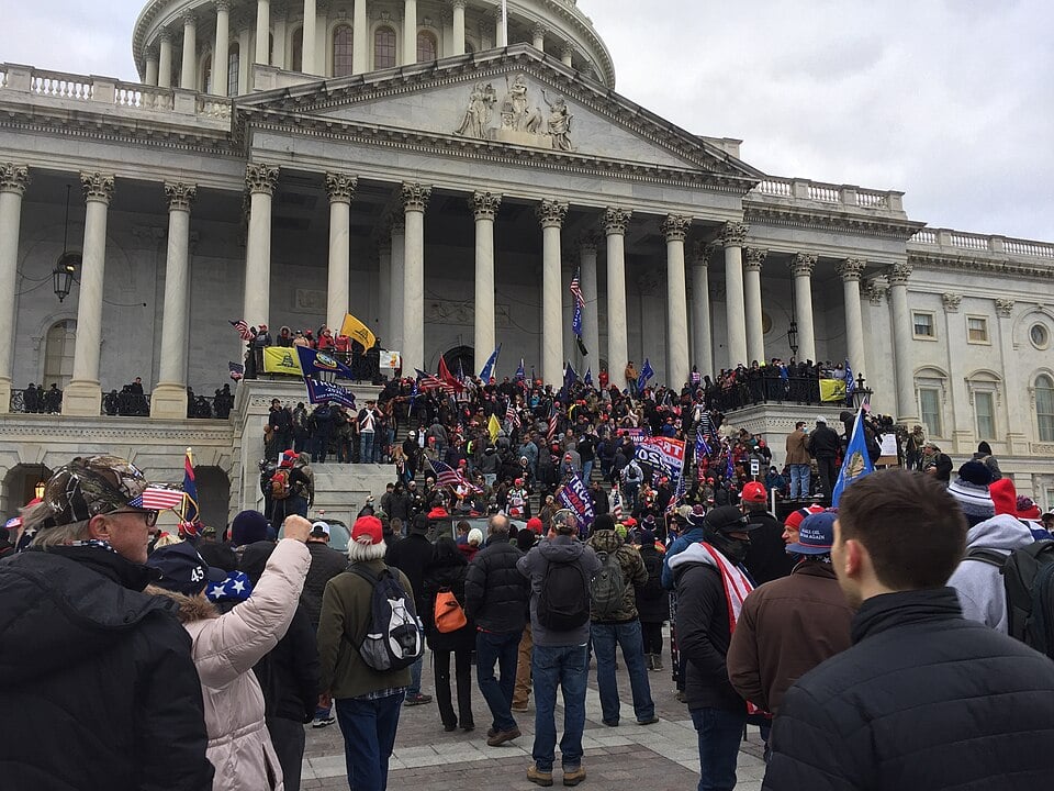 A large crowd of people gathered outside the U.S. Capitol building, many holding American flags and protest signs, with several individuals on the steps and balcony. The sky is overcast.