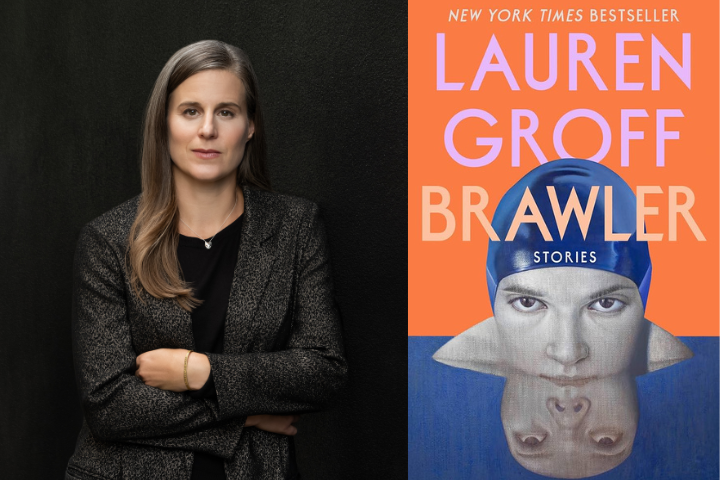 A woman with long brown hair wearing a dark blazer stands with arms crossed beside the cover of a book titled “Brawler: Stories” by Lauren Groff, featuring a swimmer’s face reflected in water.