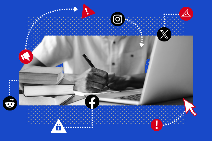 A person writes in a notebook beside a laptop and stacked books. Icons for Facebook, Instagram, X, Reddit, and email surround them, with arrows, alerts, and cybersecurity symbols over a blue dotted background.