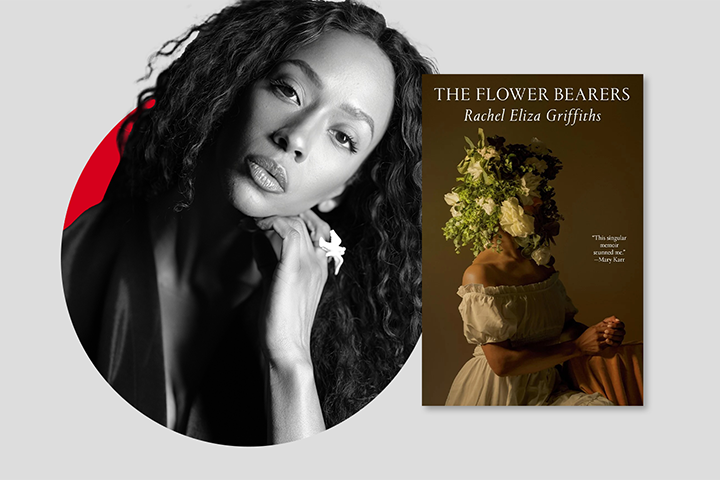 A black-and-white portrait of a woman with long hair and a flower ring, next to the book cover of The Flower Bearers by Rachel Eliza Griffiths, featuring a seated woman with her head covered in flowers.