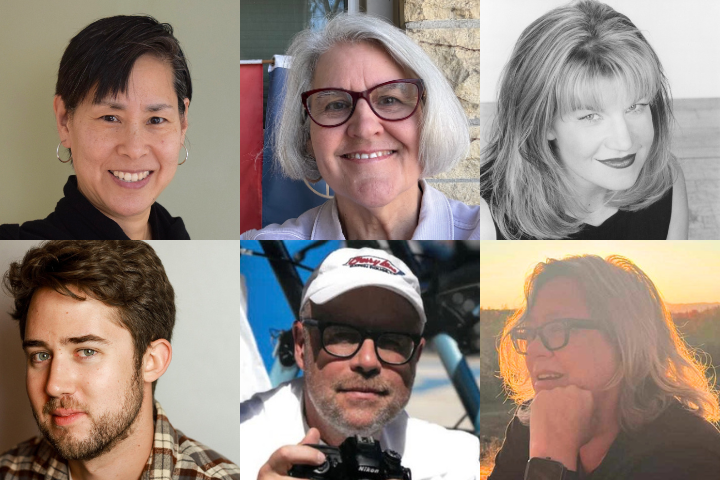 A collage of six adults, each in their own square. Top row: three women, two smiling, one in black and white. Bottom row: three people, two men and one woman, all with glasses, in various settings, some smiling.