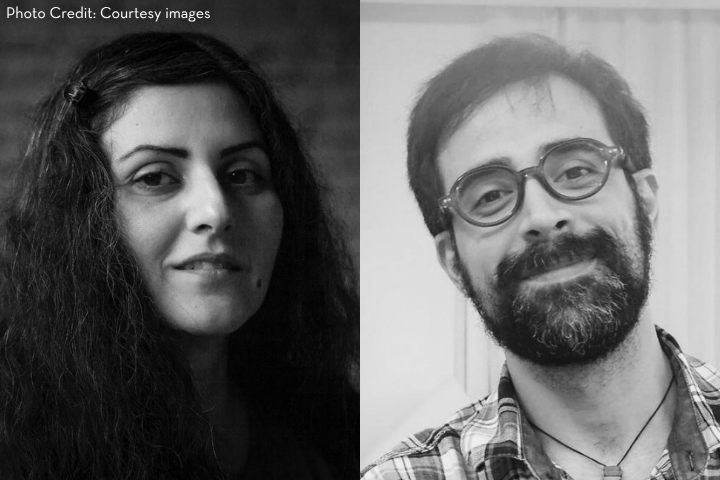 Black-and-white split image of a woman with long curly hair on the left, and a man with glasses and a beard on the right, both looking at the camera. Text at the top says, Photo Credit: Courtesy images.