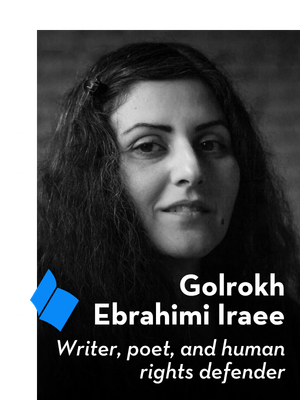 Black and white portrait of Golrokh Ebrahimi Iraee, with text stating she is a writer, poet, and human rights defender, and a 2026 PEN/Barbey Freedom to Write Award Honoree. A blue pen icon is also visible.