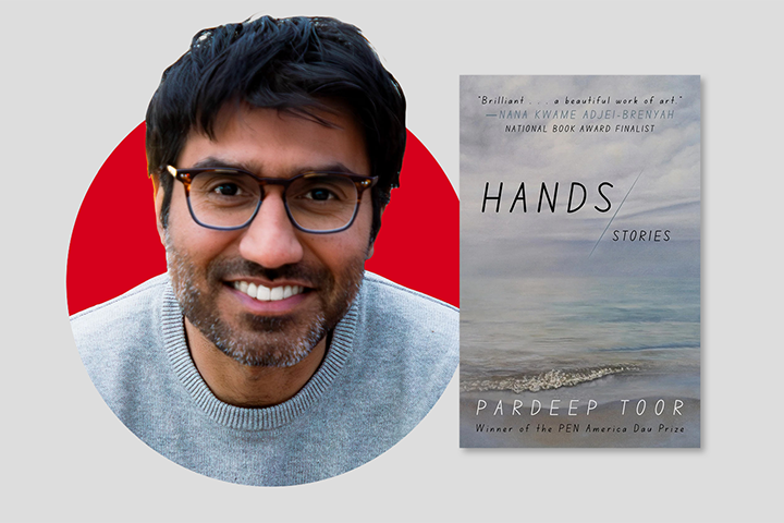 A smiling man with dark hair, glasses, and a beard is in front of a red circle. Next to him is the book cover for Hands: Stories by Pardeep Toor, featuring blurred gray tones and minimalist text.