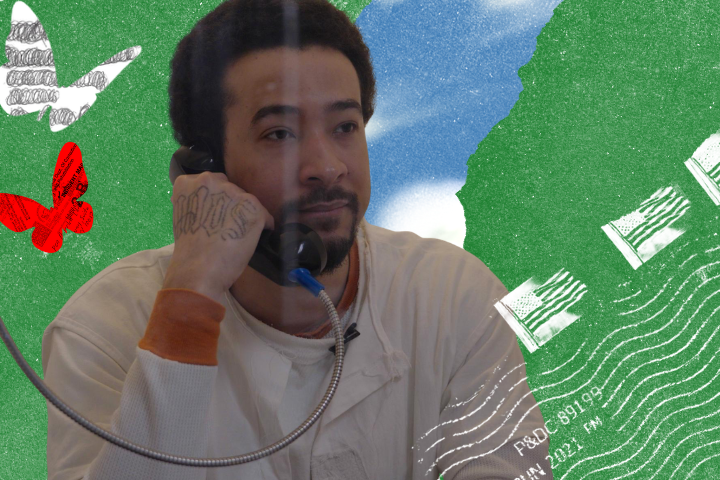 A man in a prison uniform speaks on a phone behind glass, with his hand showing tattoos. The background is a collage of green and blue with butterfly and postage mark illustrations.