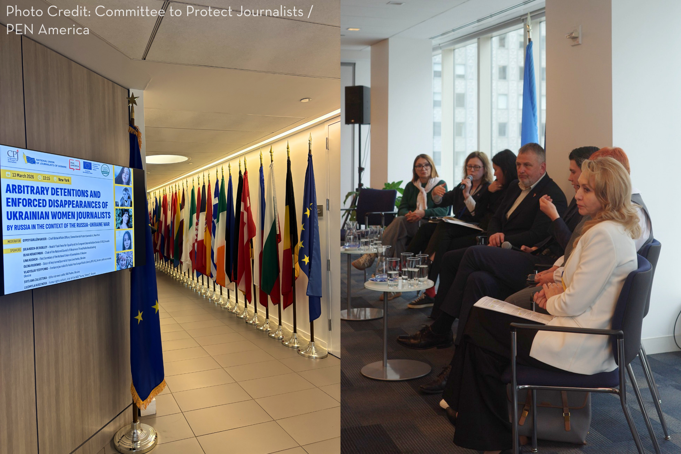 A hallway with rows of international flags leads to a screen displaying a headline about Ukrainian women journalists. Nearby, six people sit on a panel in discussion, with floor-to-ceiling windows in the background.
