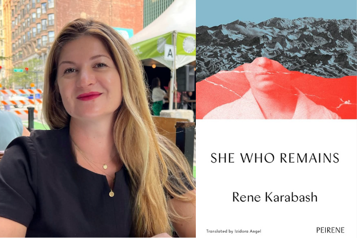 A woman with long light brown hair and red lipstick smiles at an outdoor café. Next to her is the book cover for She Who Remains by Rene Karabash, featuring abstract mountains and a partially obscured face.