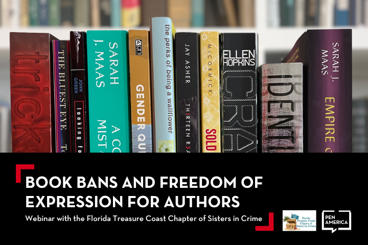 A row of books standing upright, including titles by Sarah J. Maas and Ellen Hopkins. Below, text reads: Book Bans and Freedom of Expression for Authors—Webinar with the Florida Treasure Coast Chapter of Sisters in Crime.