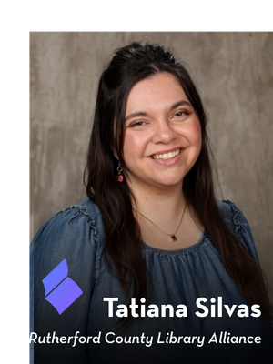 A woman with long dark hair and a blue blouse smiles at the camera. Text reads: 2026 Pen/Benenson Courage Award Honoree, Tatiana Silvas, Rutherford County Library Alliance.