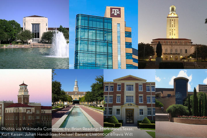 A collage of seven university buildings in Texas, including modern glass structures, historic brick buildings, and iconic towers, each set against blue skies or surrounded by trees and lawns.