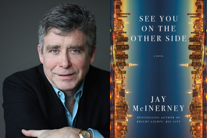 A man with gray hair and blue eyes, wearing a black jacket, is shown next to the cover of the book See You on the Other Side by Jay McInerney, which features an inverted cityscape and bold white text.