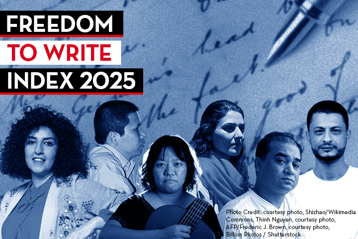 A collage features five diverse individuals in front of a blue-toned background with handwritten text. Bold text at the top reads FREEDOM TO WRITE INDEX 2025 in black, white, and red. Photo credits appear in the bottom right corner.