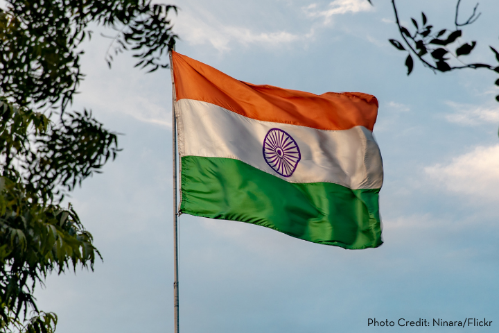 The Indian national flag, a symbol of global advocacy, features horizontal stripes of saffron, white, and green with a blue Ashoka Chakra in the center, waving against a partly cloudy sky and framed by tree branches.