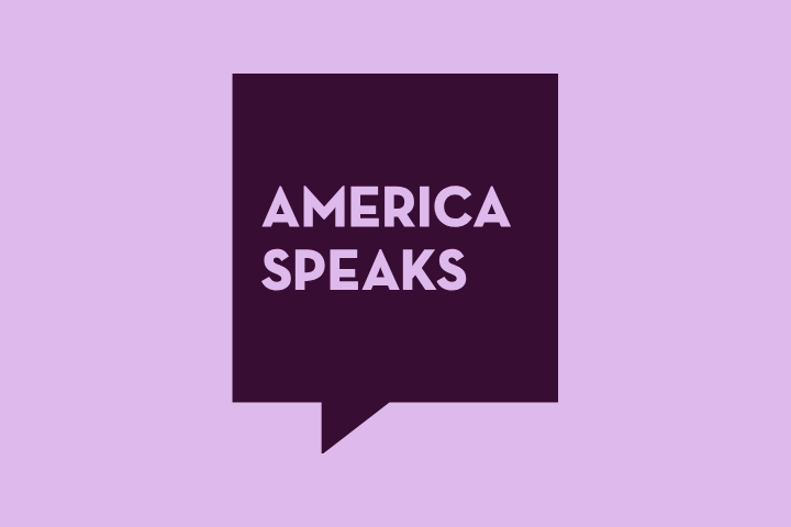 A dark purple speech bubble with the words AMERICA SPEAKS in light purple capital letters inside, set against a light purple background.