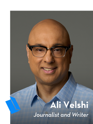 A bald man with glasses smiles while wearing a light blue checked shirt. Text reads: Presenter, 2026 Gala, Ali Velshi, Journalist and Writer. A blue logo appears in the corner.