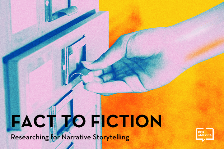 A hand pulls a card from a card catalog drawer. Text reads: “FACT TO FICTION—Researching for Narrative Storytelling.” PEN America logo appears in the bottom right corner. The image has a colorful, surreal filter.