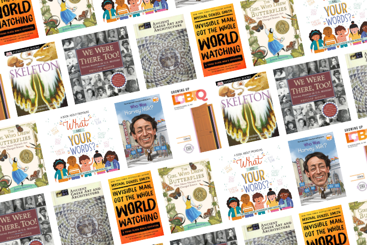 A collage of diverse children’s book covers, including titles like “What Are Your Words?”, “Give Bees a Chance,” “Who Was Mister Rogers?”, and “Invisible Man, Got the Whole World Watching.”.
