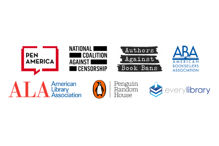 A collection of logos from organizations including PEN America, National Coalition Against Censorship, Authors Against Book Bans, American Booksellers Association, American Library Association, Penguin Random House, and EveryLibrary.