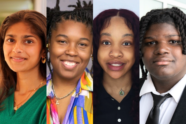 A split image shows four young people with different hairstyles and outfits, all smiling or with neutral expressions, against various indoor backgrounds.