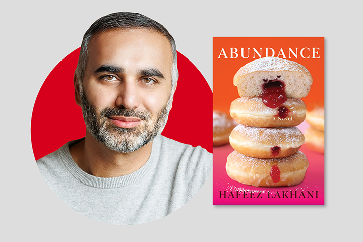 A man with short dark hair and a beard is smiling softly. Next to him is the book cover for Abundance by Hafeez Lakhani, featuring jelly-filled donuts stacked on a pink surface.