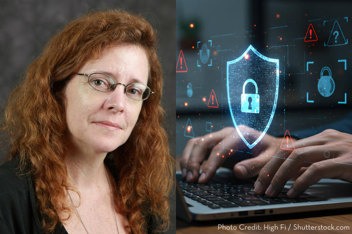 A woman with red curly hair and glasses looks to the right, next to a digital shield with a lock icon and other security symbols.