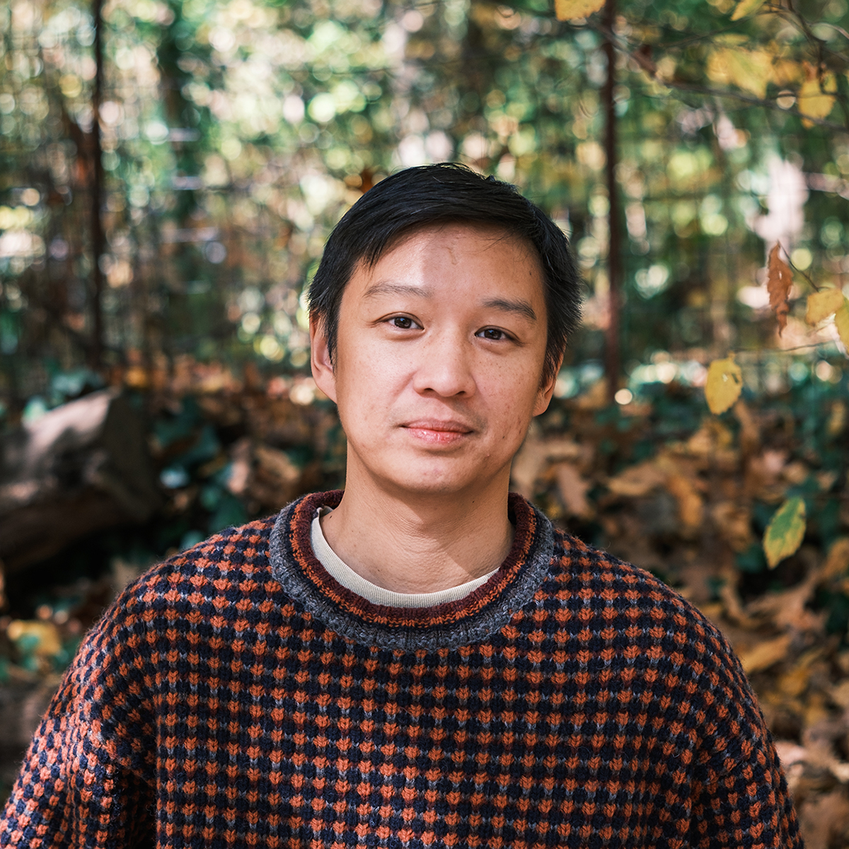 A person with short black hair wearing a patterned sweater stands outdoors in a wooded area with sunlight filtering through trees and fallen leaves on the ground.