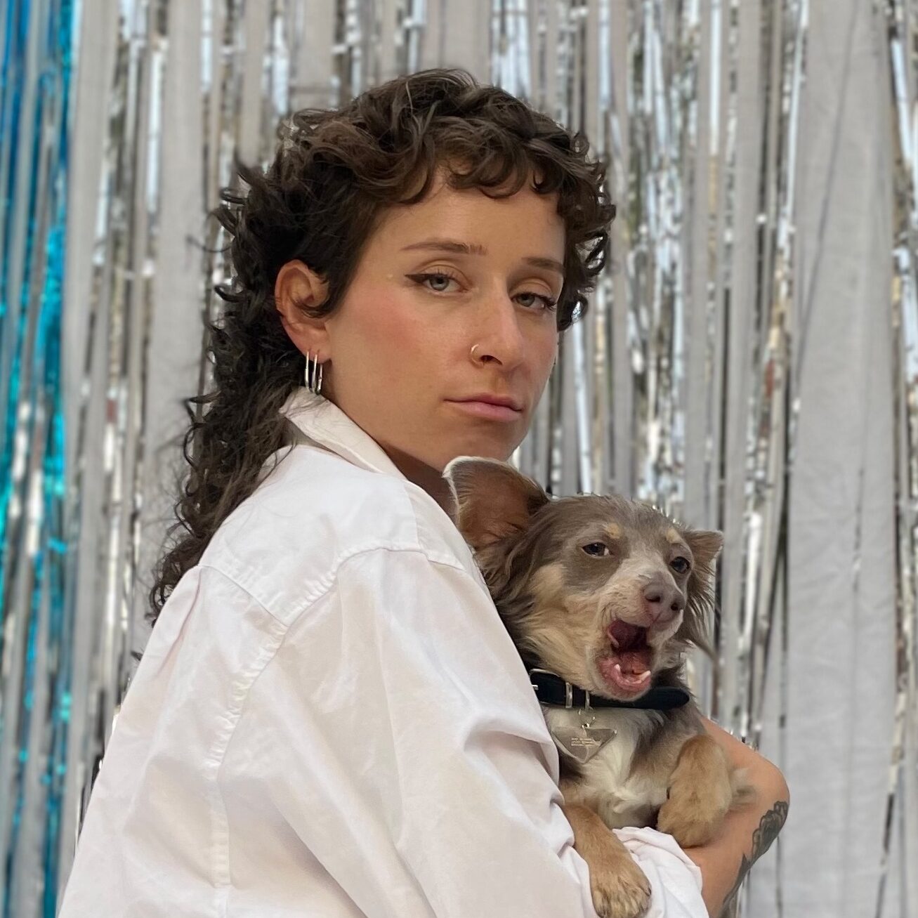 A person with curly brown hair, wearing a white button-up shirt, holds a small brown and white dog in their arms. The dog has its mouth open. Silver tinsel and white curtains hang in the background.