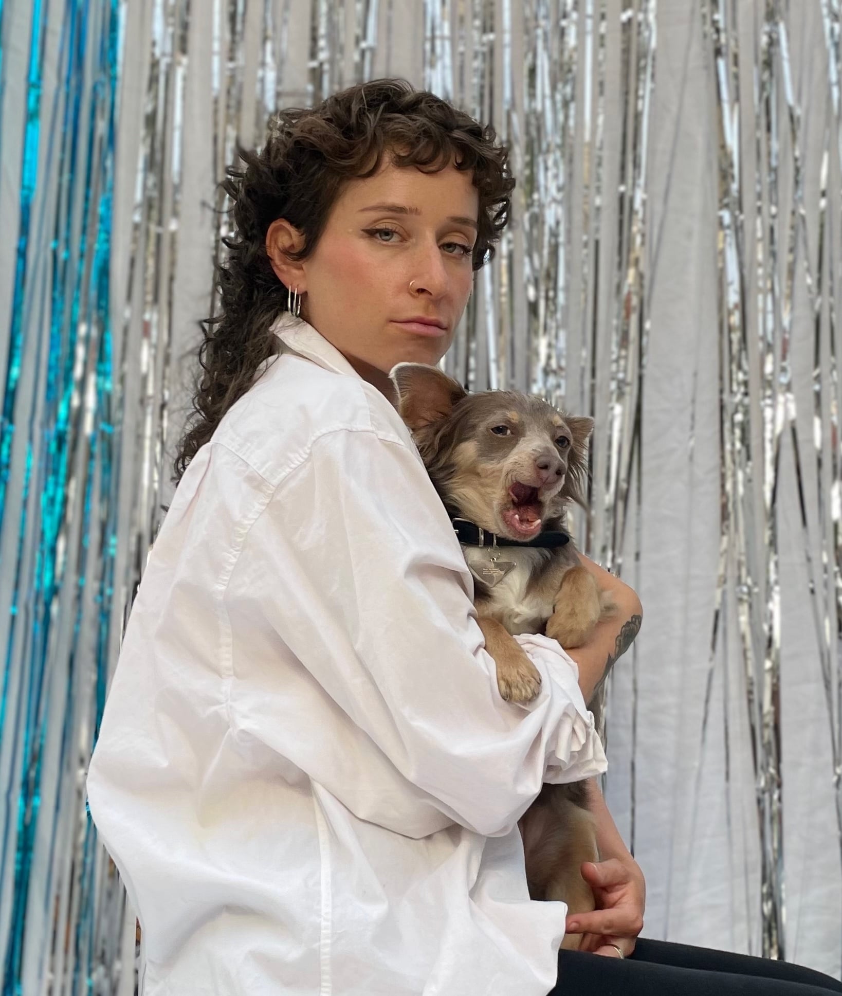 A person with curly brown hair, wearing a white button-up shirt, holds a small brown and white dog in their arms. The dog has its mouth open. Silver tinsel and white curtains hang in the background.