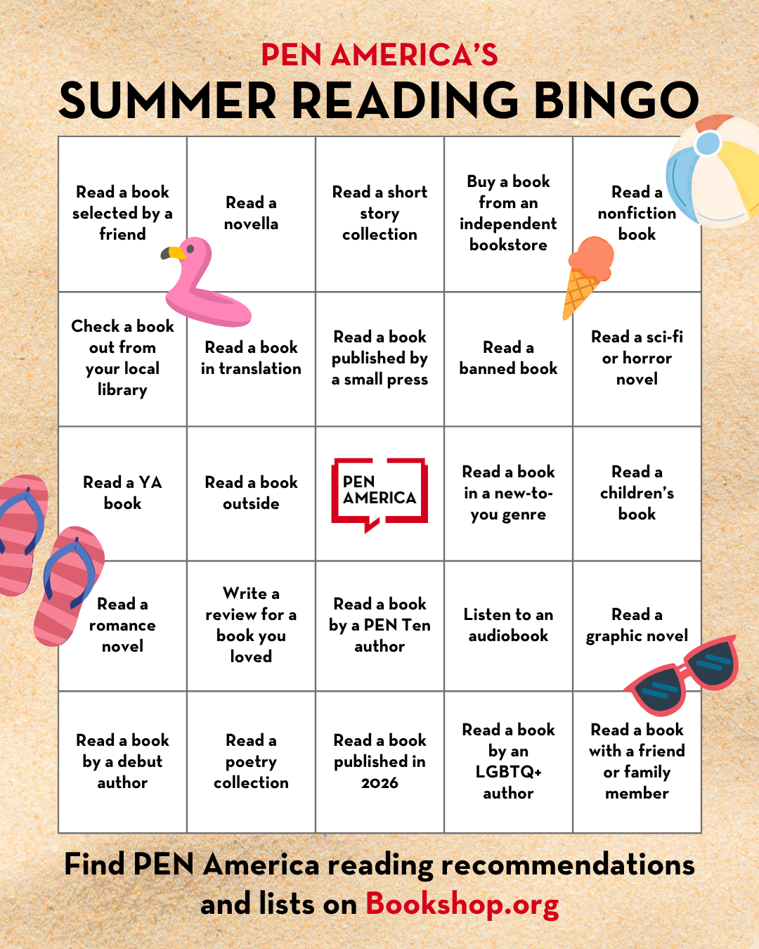 Summer reading bingo card with squares listing different book-related activities, such as Read a graphic novel and Read a book by a PEN Ten author. Flamingo, pool float, and beach gear illustrations decorate the card.