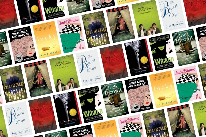 A collage of various book covers, including The Bluest Eye, Wicked, Lucky, Nineteen Minutes, Forever, and others, displayed in a colorful, overlapping pattern.