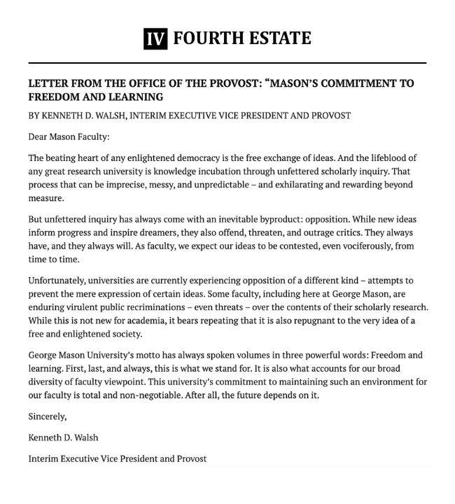 A letter titled Mason’s Commitment to Freedom and Learning from Interim Executive Vice President and Provost Kenneth D. Walsh, emphasizing the importance of free expression and inquiry at the university.
