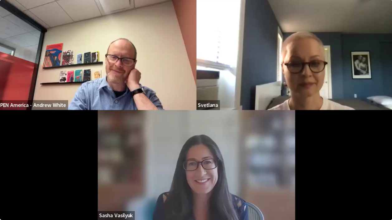 Screenshot of a video call with three people: one man in an office, one woman in a brightly lit room, and another woman with a blurred background, all smiling. Their names are displayed on the screen.