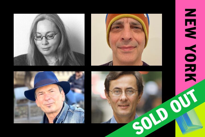 A collage of four headshots—three men and one woman—next to a vertical pink banner reading “NEW YORK.” A green SOLD OUT ribbon is across the bottom right corner.