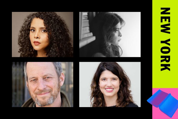A collage with portraits of four adults in two rows, next to a bright vertical strip with bold black text reading NEW YORK. There are abstract blue and pink shapes in the lower right corner.