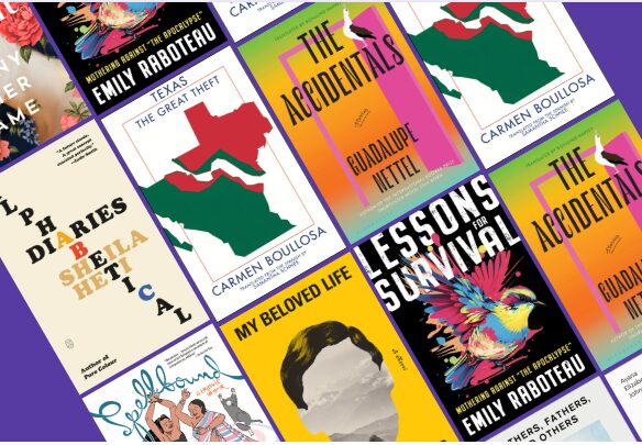 A diagonal grid of colorful book covers on a purple background, featuring titles such as The Accidentals, Lessons for Survival, Spellbound, and My Beloved Life, with illustrations and bold typography.