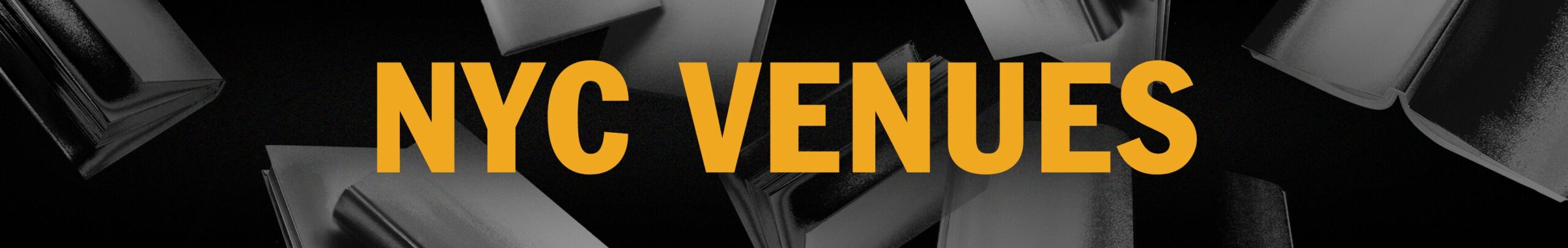 Bold yellow text reads NYC VENUES against a dark background with abstract, floating geometric shapes.