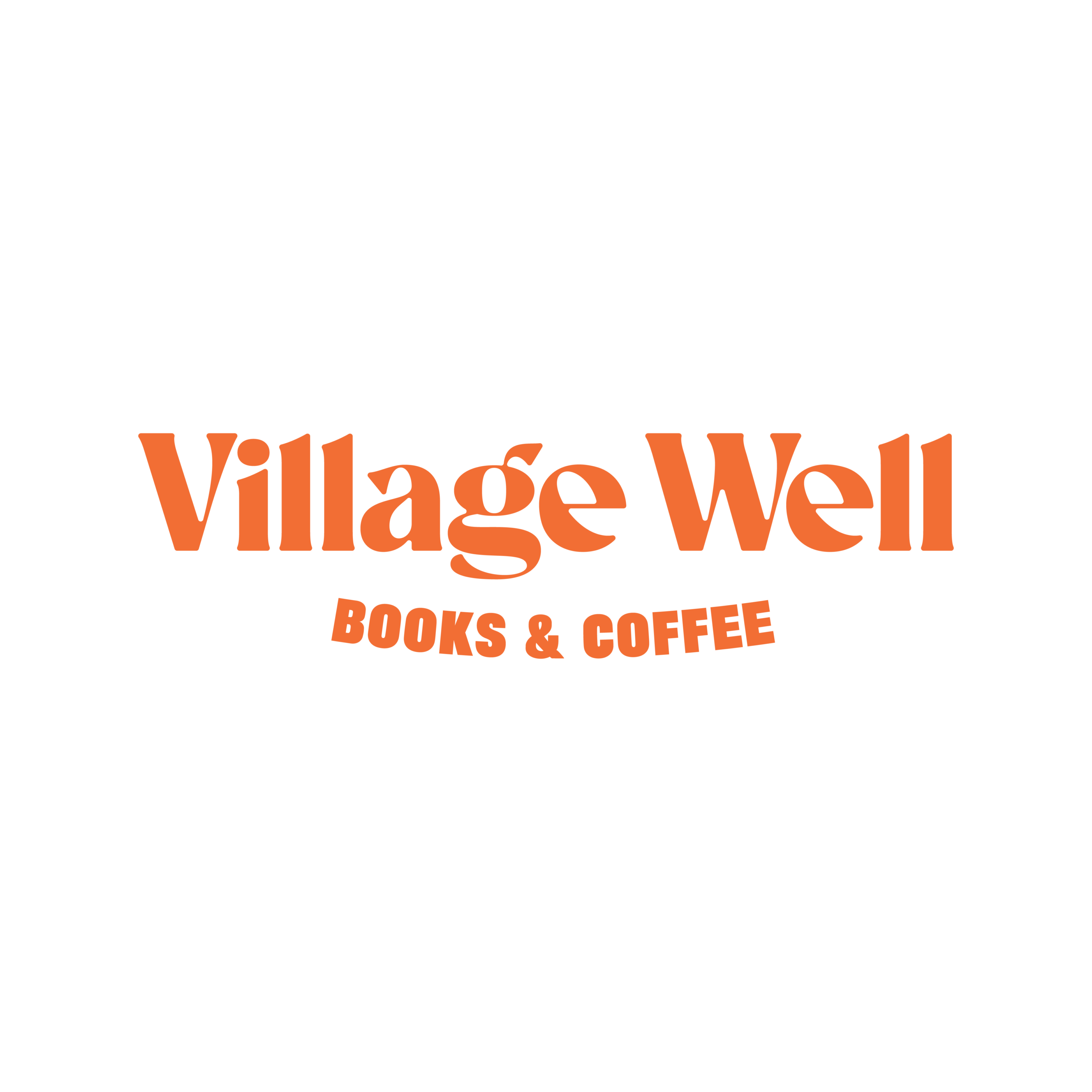 Orange text on a black background reads Village Well in large letters, with BOOKS & COFFEE in smaller, curved text beneath it.