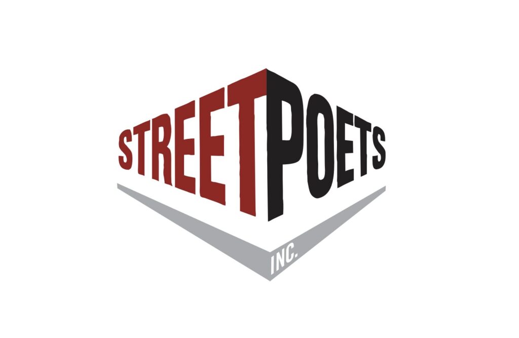A logo with the words STREET POETS in bold, angled text; STREET is in red and POETS in black. Beneath, a gray shadow forms a V shape with INC. written inside. The background is white.