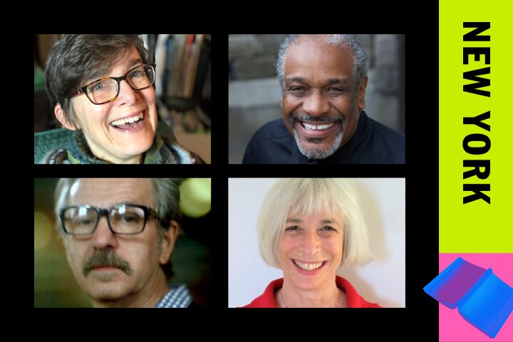 A collage of four adults—two men and two women—smiling at the camera, with the word NEW YORK in bold black letters on a bright yellow background to the right. Blue and pink geometric shapes appear in the corner.