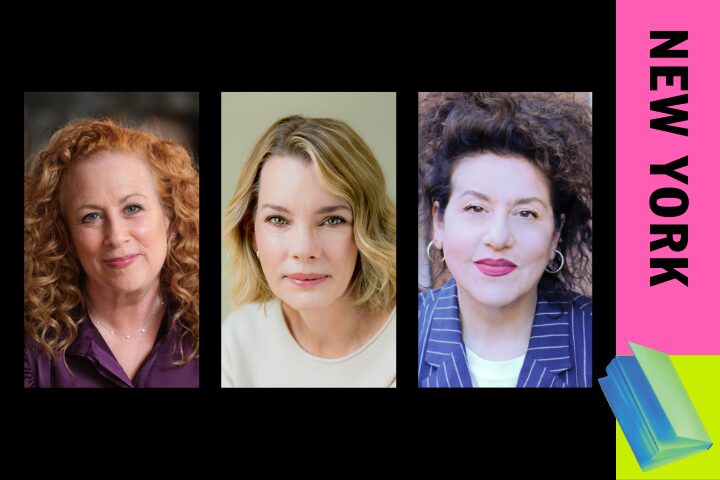 Three women with different hairstyles and clothing are shown in individual portrait photos against a black background. On the right, a vertical pink banner says NEW YORK in bold black letters above two blue books.