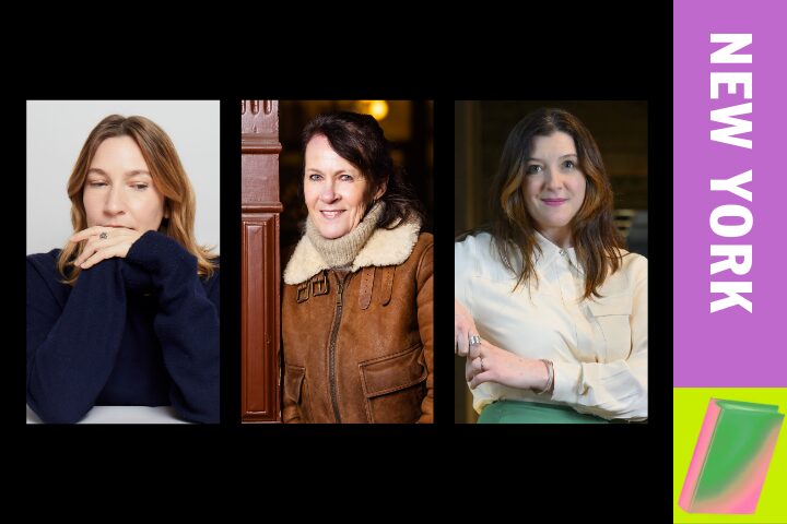 Three women are shown in separate portraits against a black background. Each has a distinct pose and expression. A vertical purple banner with NEW YORK in white and a colorful graphic is on the right side.