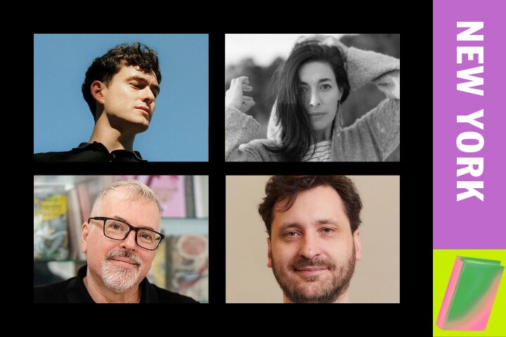 Collage of four people, each in a separate square. The top left and bottom right images are of men, and the top right is a photo of a woman. The bottom left is an older man. A pink and green column on the right reads NEW YORK.