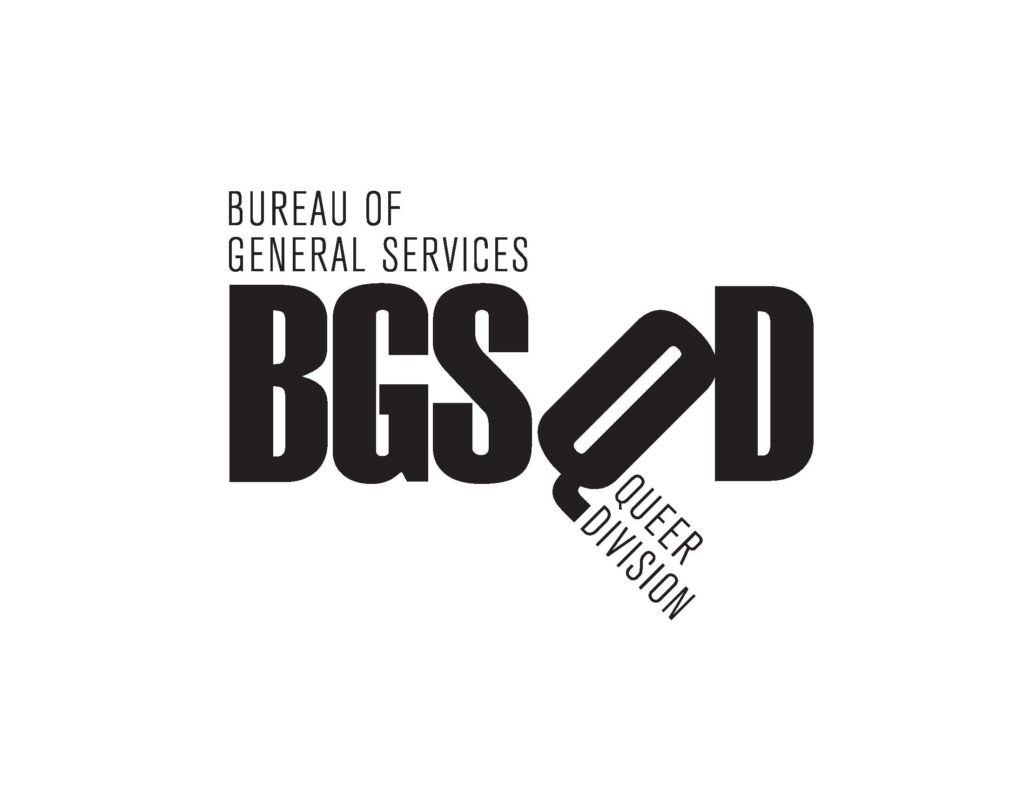 Logo for Bureau of General Services—Queer Division, a proud literary festival sponsor. The acronym BGSQD stands prominent, with Queer Division elegantly placed on the diagonal stroke of the Q. The crisp text in black sits boldly against a pristine white background.