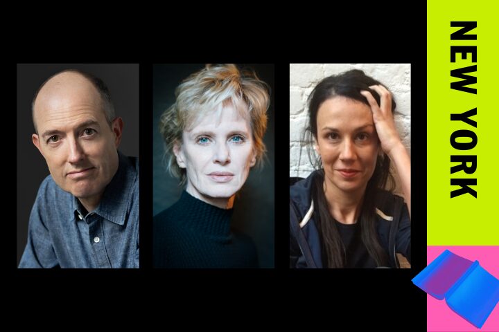 Three portraits of people against a black background, with the word NEW YORK in black on a lime green vertical stripe to the right. Below the stripe are two overlapping blue and pink rectangular shapes.