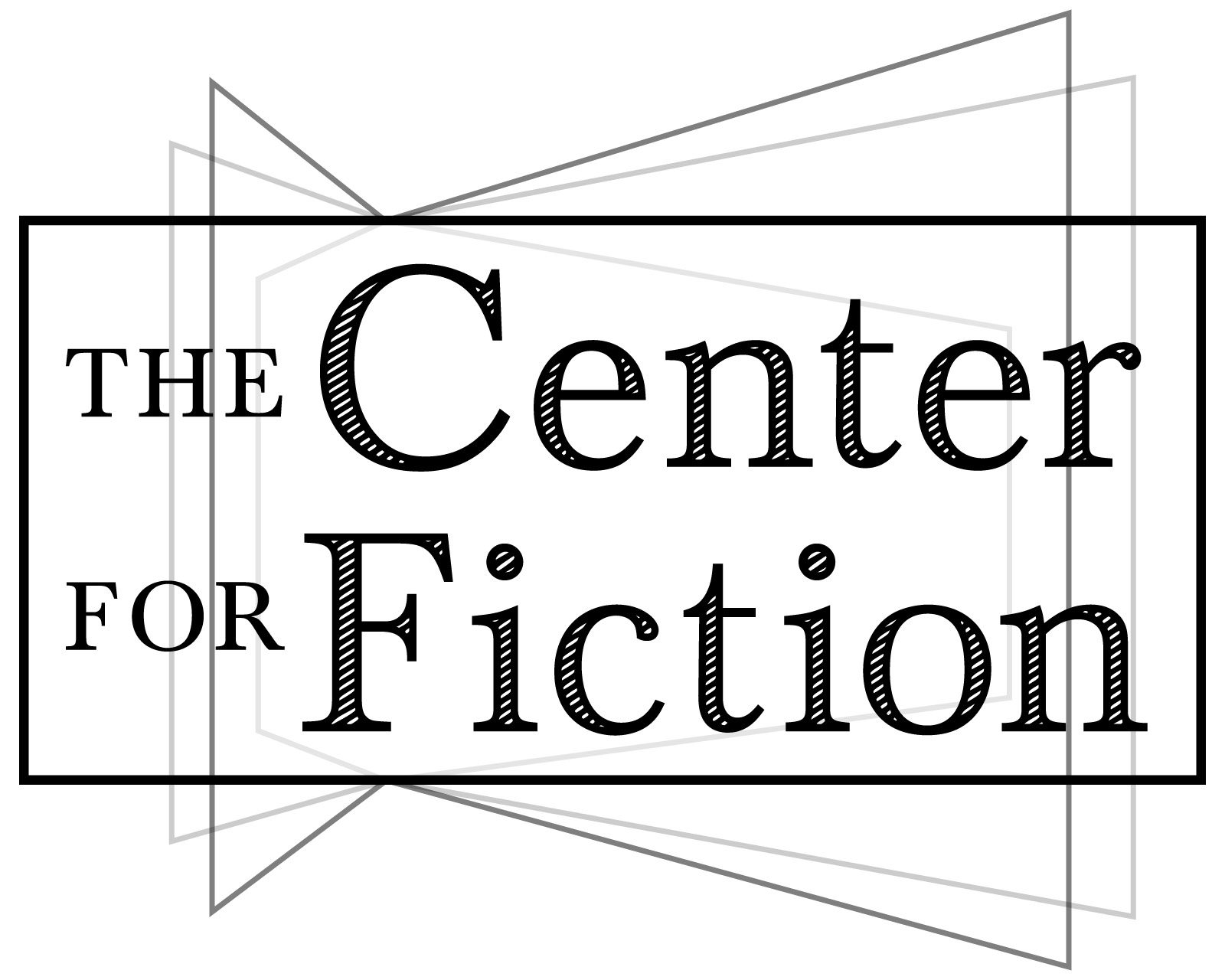 Text reads The Center for Fiction in a serif font, with overlapping translucent geometric shapes in the background.