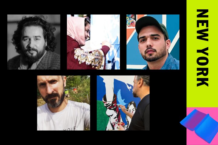 Collage of five men: black-and-white photo of a man with curly hair; man in a hoodie painting; man with a cap posing; man in a T-shirt outdoors; man painting a colorful mural. Bright yellow and pink elements on the right label it as New York.