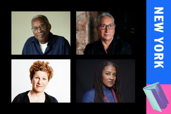 Four people are shown in separate square frames on a black background. A vertical blue stripe on the right displays NEW YORK in white text above an illustration of stacked books.