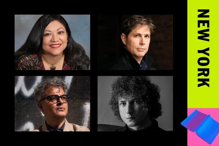 A collage with four portraits of individuals. The top left features a smiling woman, top right a serious man, bottom left a man with glasses, and bottom right a black-and-white image of a man with curly hair. A bright strip on the side reads NEW YORK.