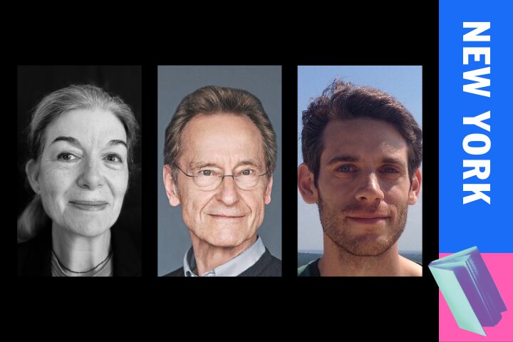 A collage with three portrait photos: a black-and-white image of a woman, a colored image of an older man wearing glasses, and a younger man with short hair. To the right, theres a blue and pink vertical banner with the text NEW YORK and an abstract design.